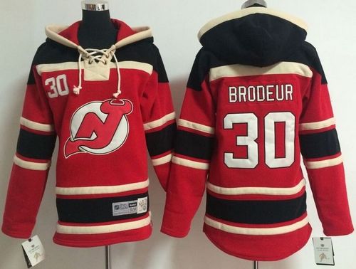 Devils #30 Martin Brodeur Red Sawyer Hooded Sweatshirt Stitched Youth NHL Jersey - Click Image to Close